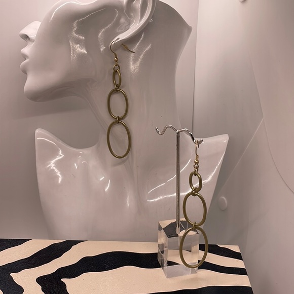 A Brushed or Matte Gold Cascade of 3 Chain Loops Earrings. Full Hang is 4” yay! - Picture 3 of 8